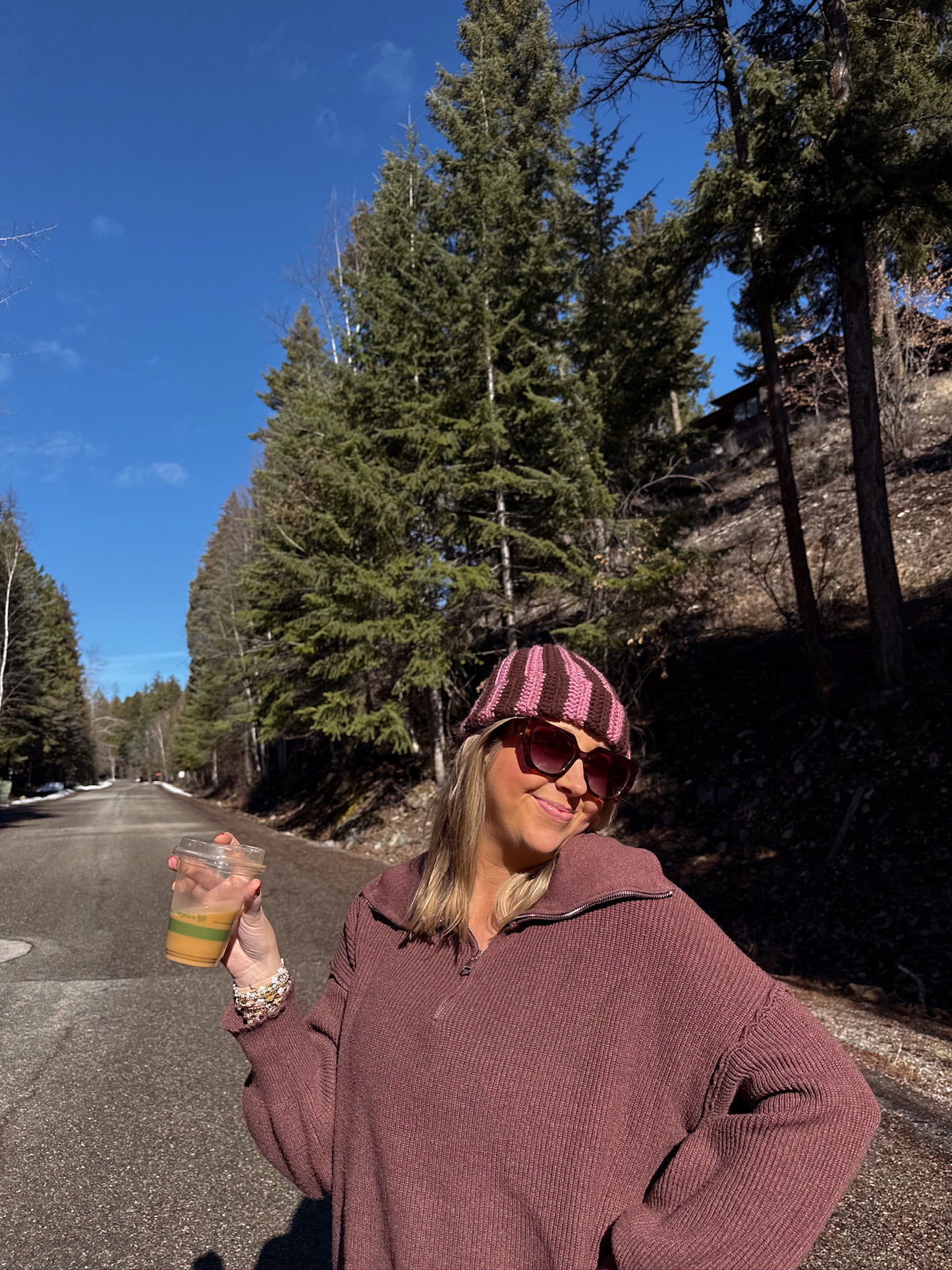 Pink & Brown Wide Stripe Chunky Knit Beanie
