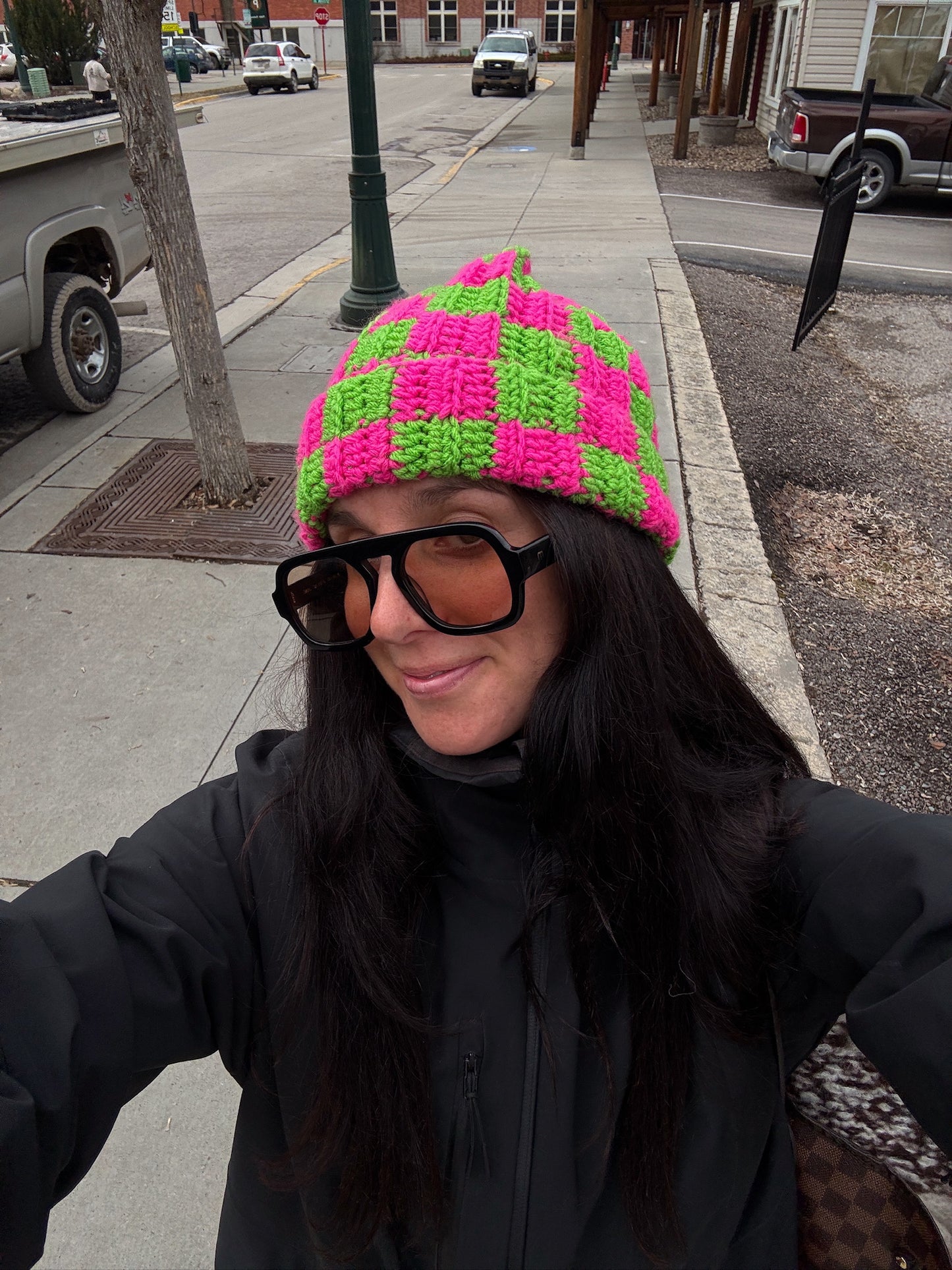 Pink & Green Checker Knit Beanie
