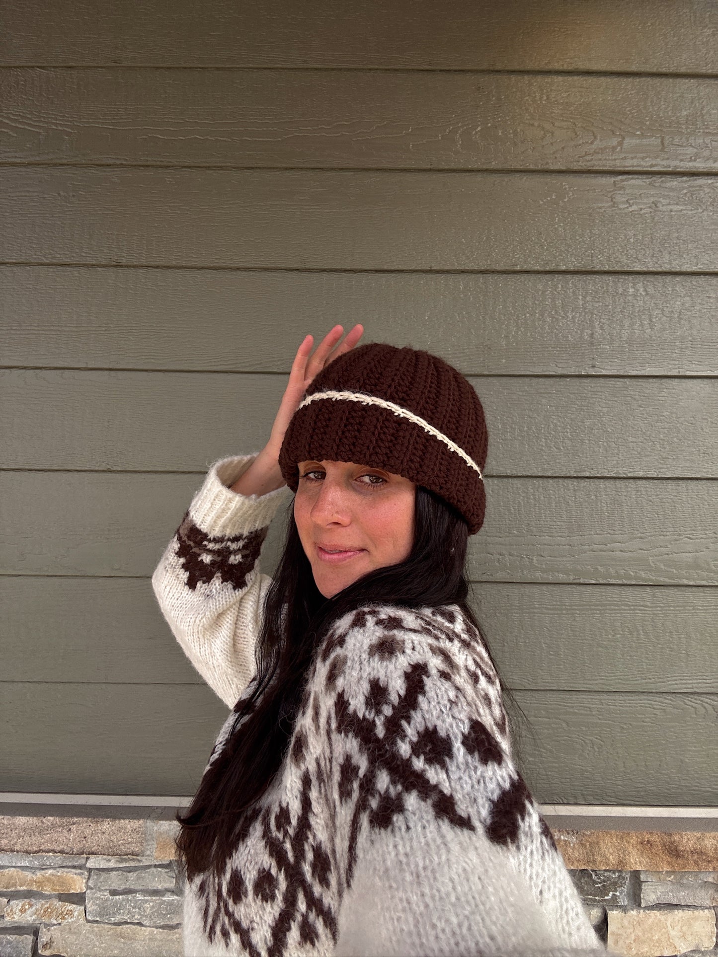 Brown Colorblock Chunky Knit Beanie
