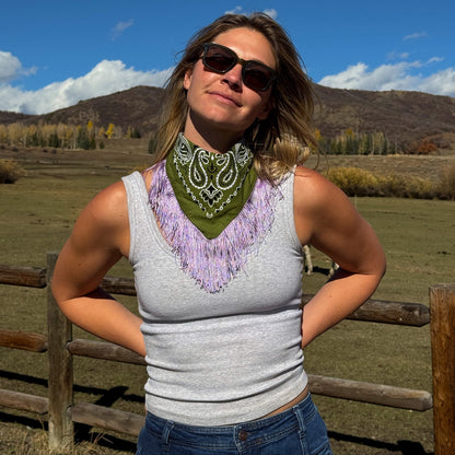 The Juniper Olive/Lavender Fringe Bandana