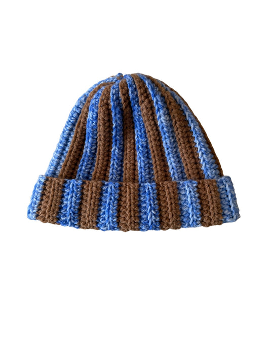 Blue & Tan Striped Chunky Knit Beanie