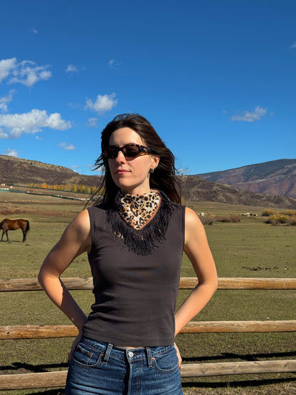 The Nomad Leopard/Black Fringe Bandana