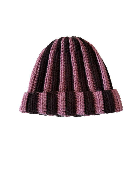 Pink & Brown Wide Stripe Chunky Knit Beanie