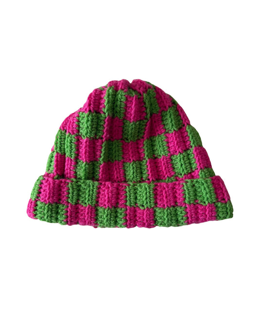 Pink & Green Checker Knit Beanie