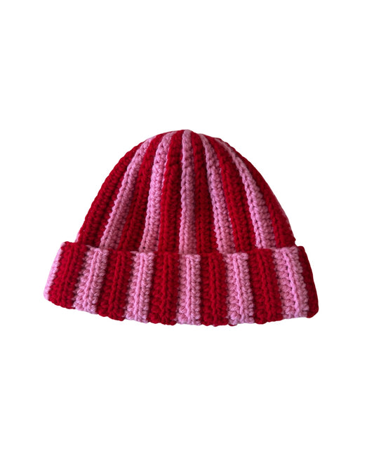 Pink & Red Striped Chunky Knit Beanie