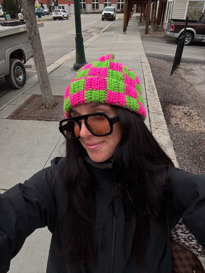 Pink & Green Checker Knit Beanie