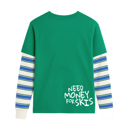 Need Ski Money -  Stripped Green Twofer Long Sleeve