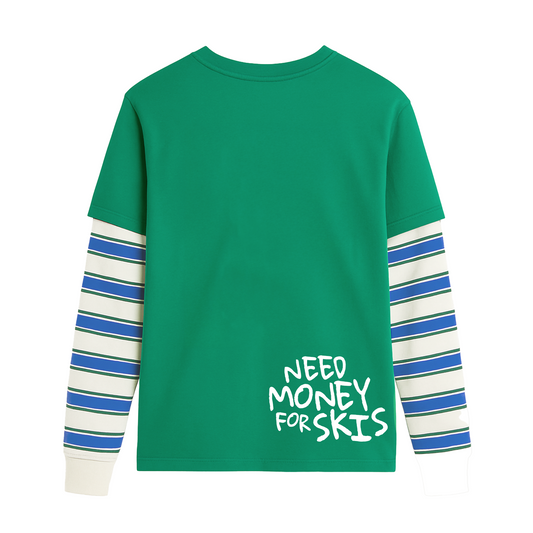 Need Ski Money -  Stripped Green Twofer Long Sleeve